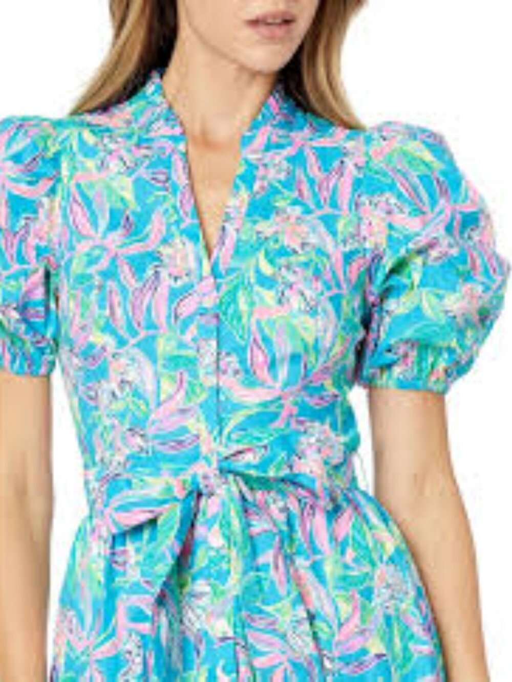 Lilly Pulitzer Blue Floral Wrap Midi Dress with Pink & Green Accents